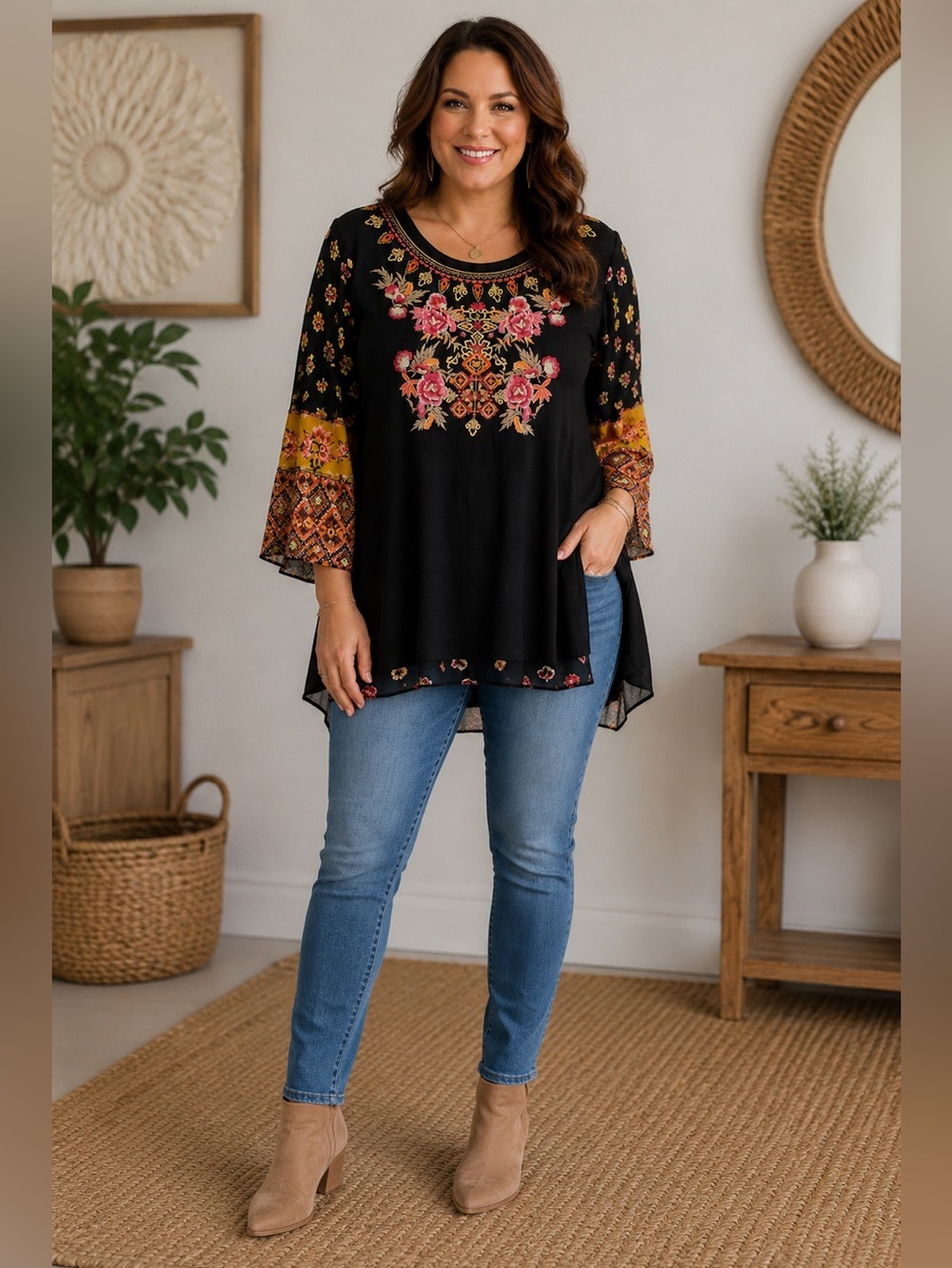 Calessa Black Tunic with Pink & Gold Floral Embroidery Size 1X